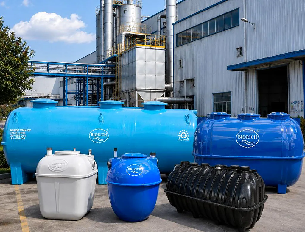 Septic tank bio BIORICH berbagai tipe: BSR, BR, PE, dan BRX Series di depan pabrik