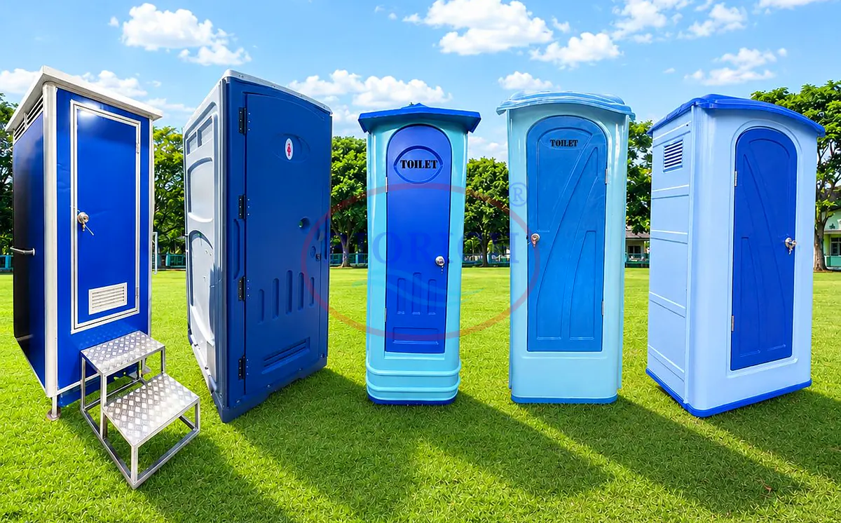 Lima varian toilet portable BIORICH berjajar: fiberglass closet duduk dan jongkok serta HDPE